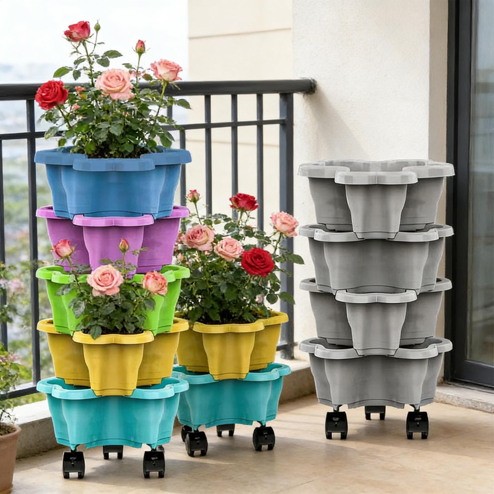 Vertical Planter Tower - Pot Bunga Plastik Multi-layer dengan Roda